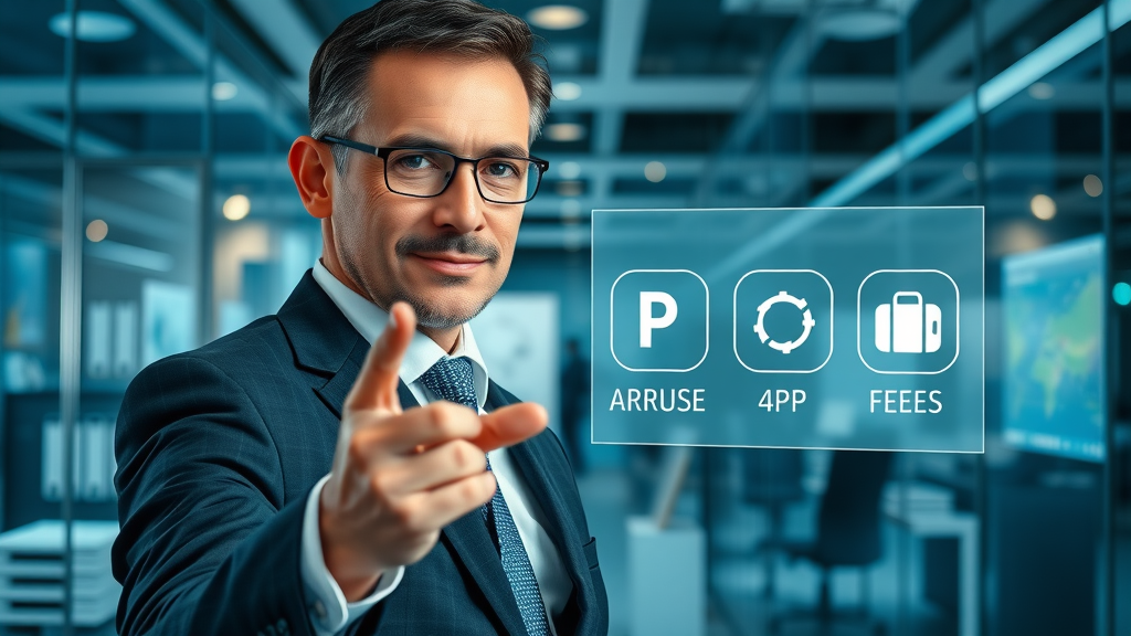 Confident business professional gesturing towards digital icons representing the 4 P
