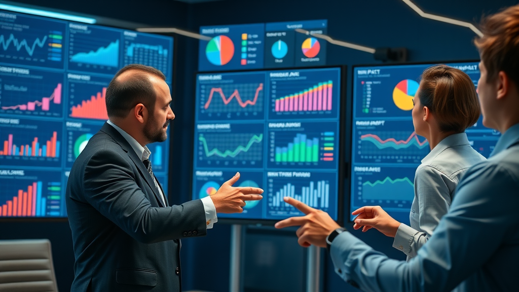 Executive team reviewing marketing ROI dashboards and analytics in a high-tech conference room