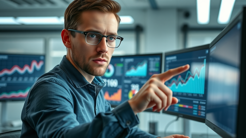 Marketing analyst reviewing customer engagement performance analytics in a modern workspace
