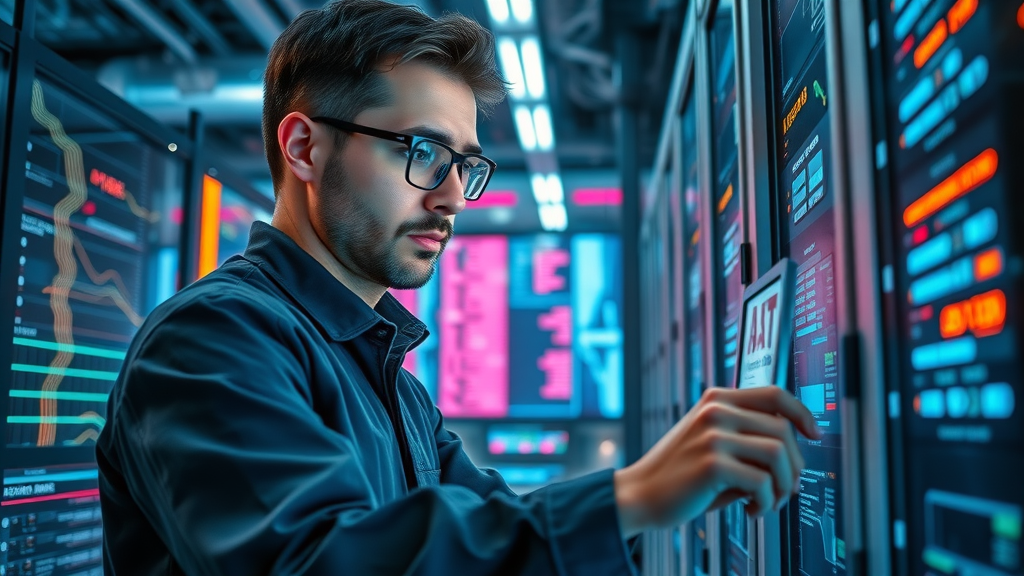 Data scientist setting up data-driven marketing integration with servers and digital interfaces