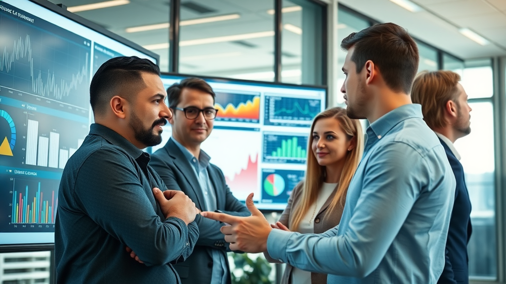 Cross-channel analytics team analyzing dashboards and data in a high-tech office environment