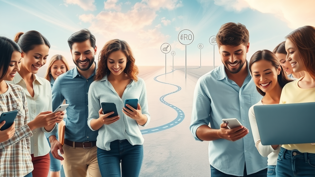 Consumer group navigating digital touchpoints within a mapped customer journey for cross-channel analytics