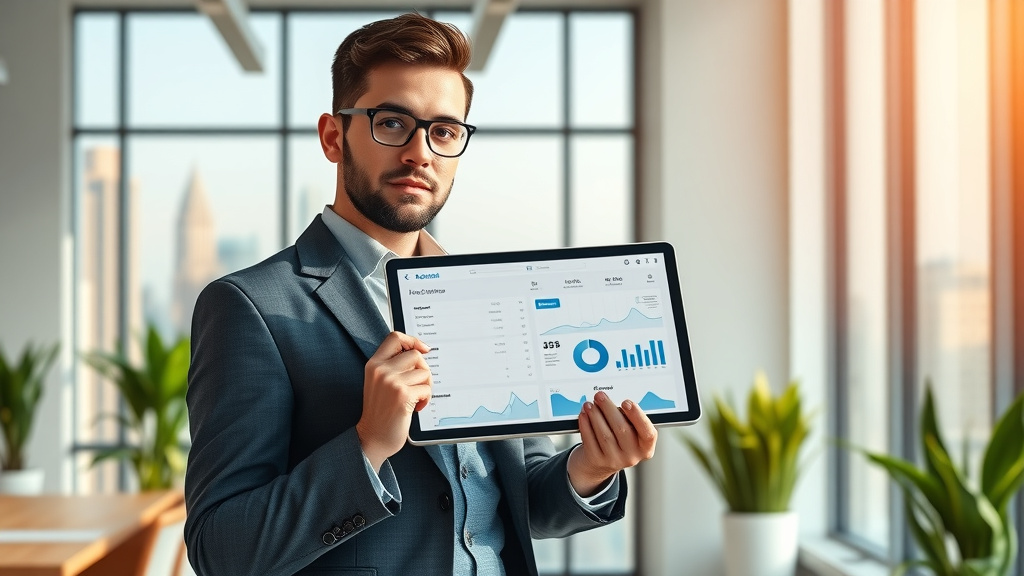 Digital marketer with tablet displaying unified analytics dashboard, ready to leverage cross-channel analytics