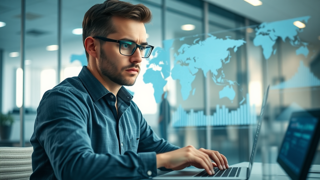 Professional marketer reviewing customer data and analytics dashboards for data-driven marketing in a high-tech office