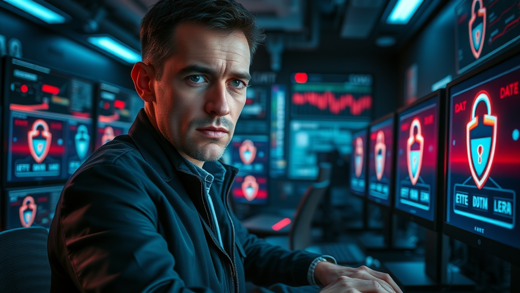 Cybersecurity expert safeguarding customer data and privacy in a high-tech marketing operations center