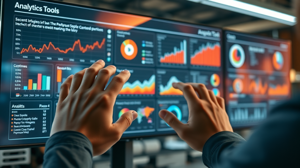 Analytics platform dashboard with hands interacting and visualizing cross-channel analytics data