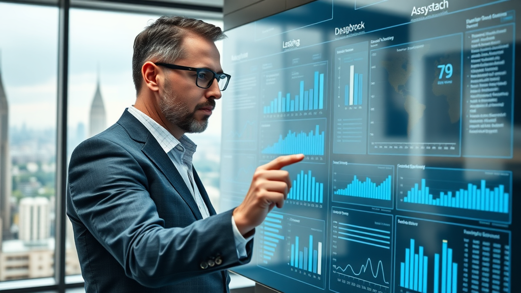 Business analyst exploring marketing opportunities through interactive big data dashboard in a corporate office