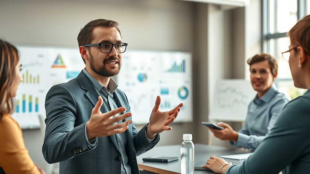 Marketing manager leading a data-driven digital marketing strategy meeting with interactive dashboards