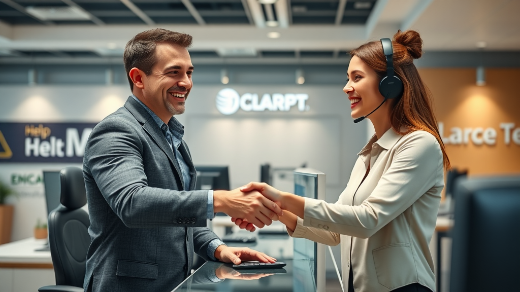 Engaged customer and support representative shaking hands in a welcoming customer service environment
