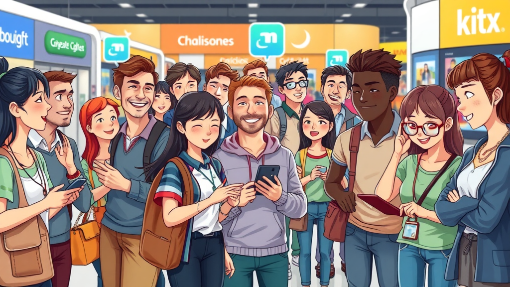 Diverse group of customers engaged in shopping, chatting, and event participation representing different types of customer engagement