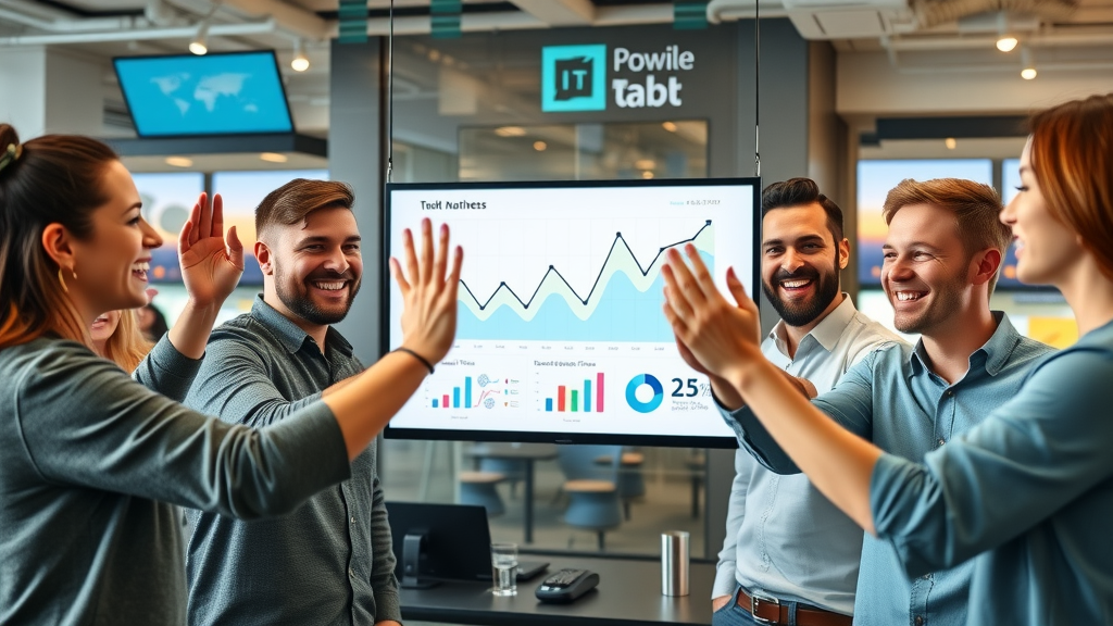 Marketing team celebrating with a wall-mounted analytics growth chart showing ROI improvements