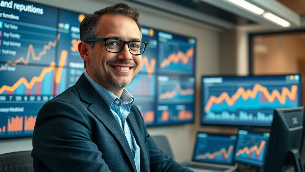 brand manager monitoring online reputation and review metrics, review response techniques results shown on dashboard