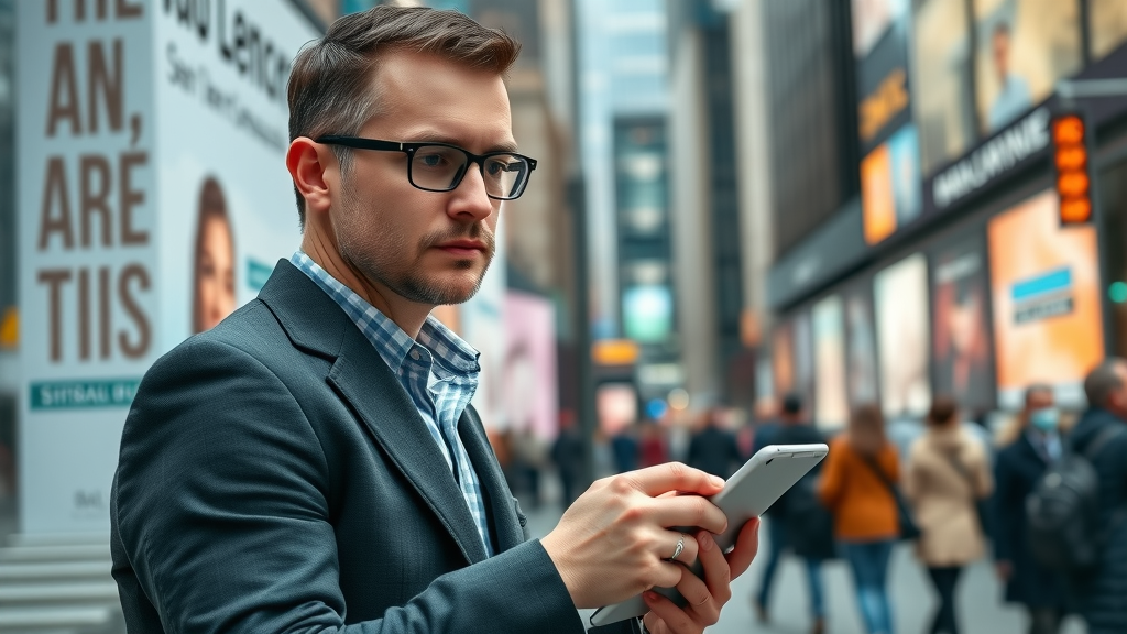 confident marketer reviewing retargeting ad creatives digital billboard city social media retargeting strategies