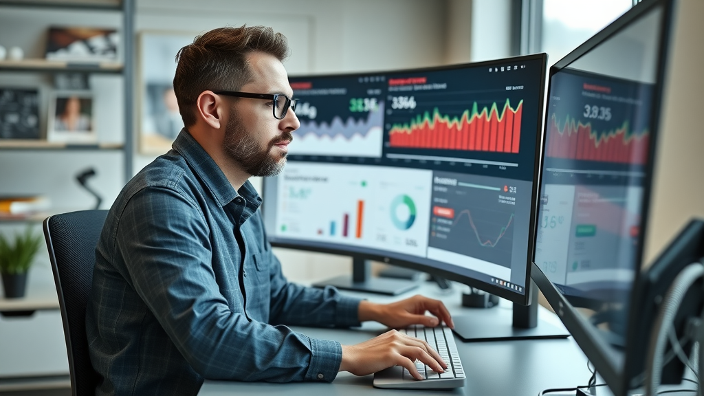 Marketing expert analyzing reputation monitoring tool dashboard, online reputation analytics and trend notification.