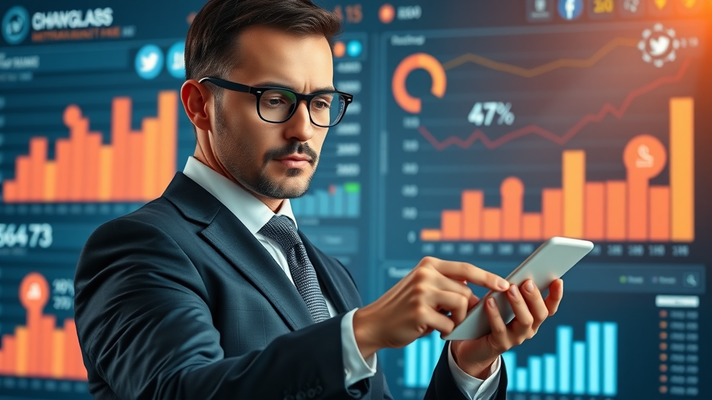 Professional marketer analyzing social media analytics dashboard with vibrant charts and social icons overlay