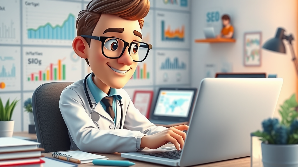 SEO specialist analyzing content distribution strategies at animated desk