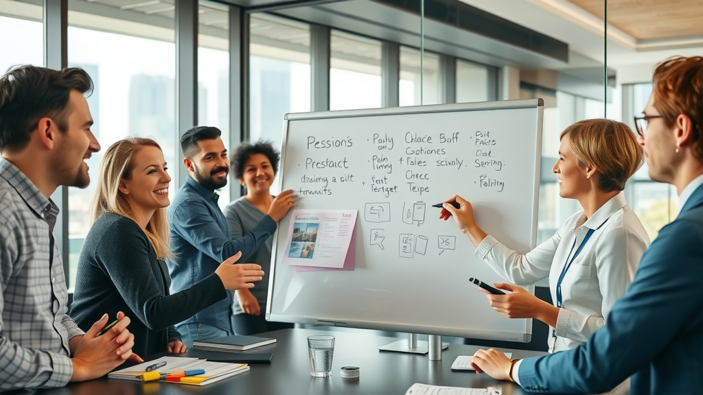 Team brainstorming content distribution strategies in glass-walled conference room