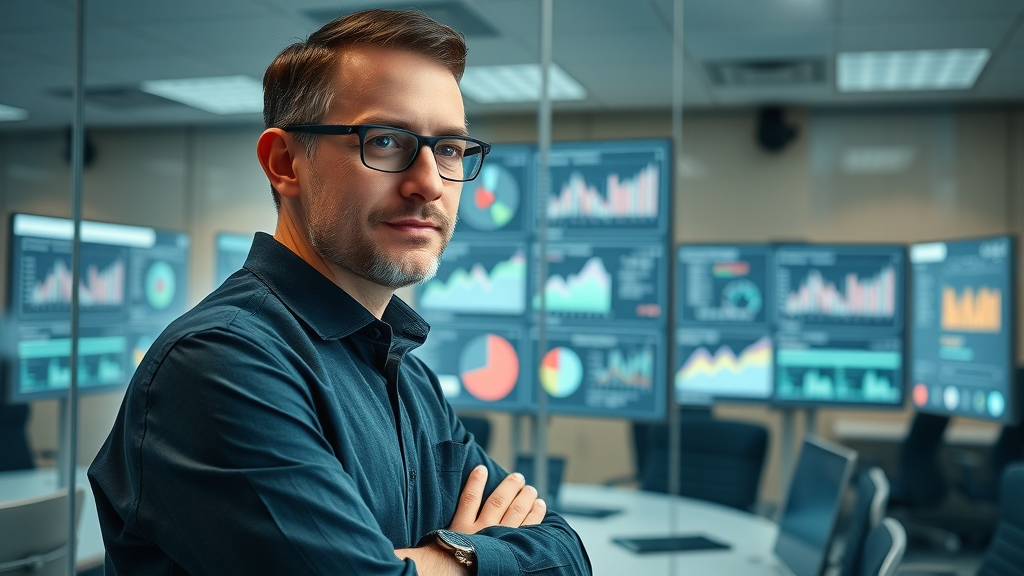 Project manager analyzing software development metrics and visuals in a modern office