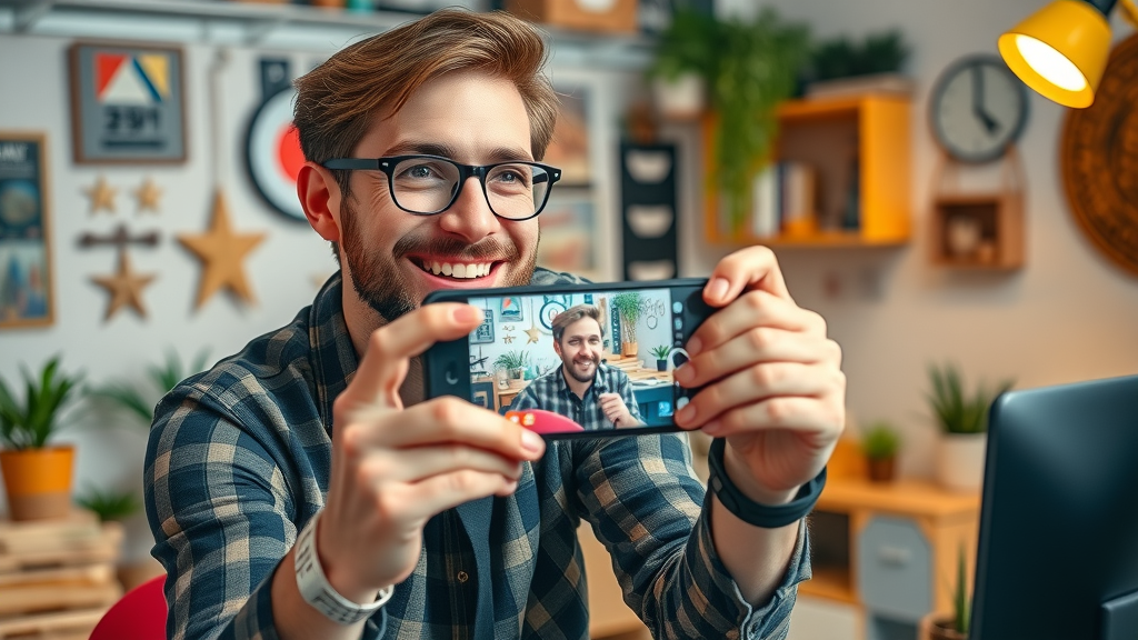 Marketer creating engaging social media video content in a colorful small business workspace