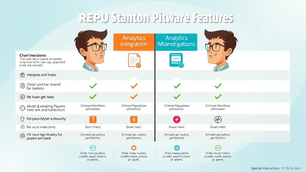Comparative infographic chart of reputation monitoring software features, analytics, integration, brand monitoring tools.