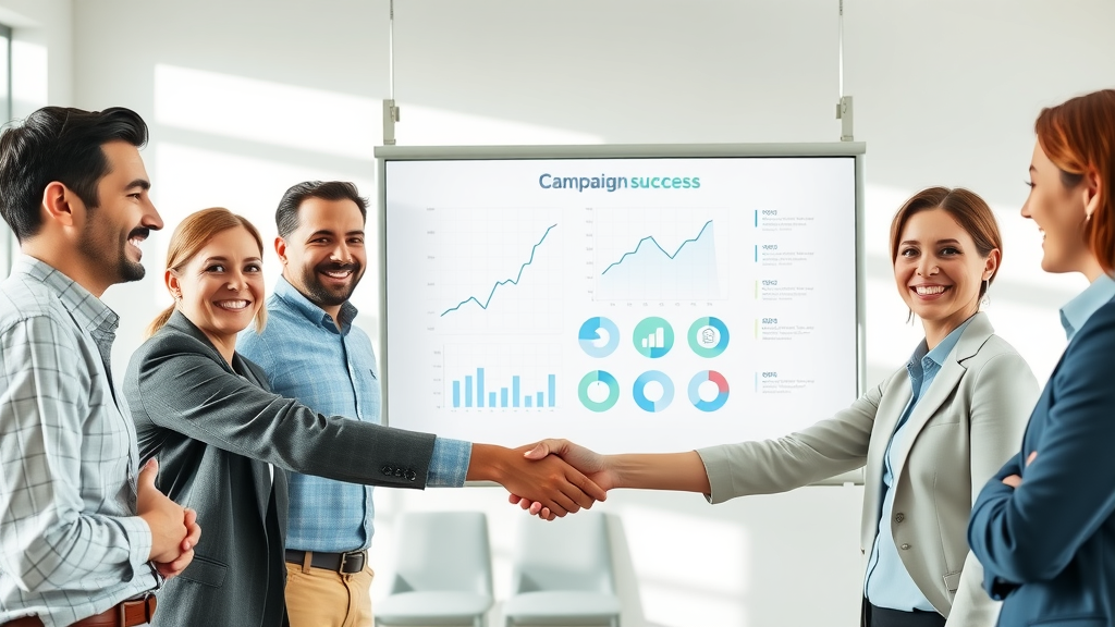 Marketing team presenting cross-channel marketing campaign success with upward trend graphs