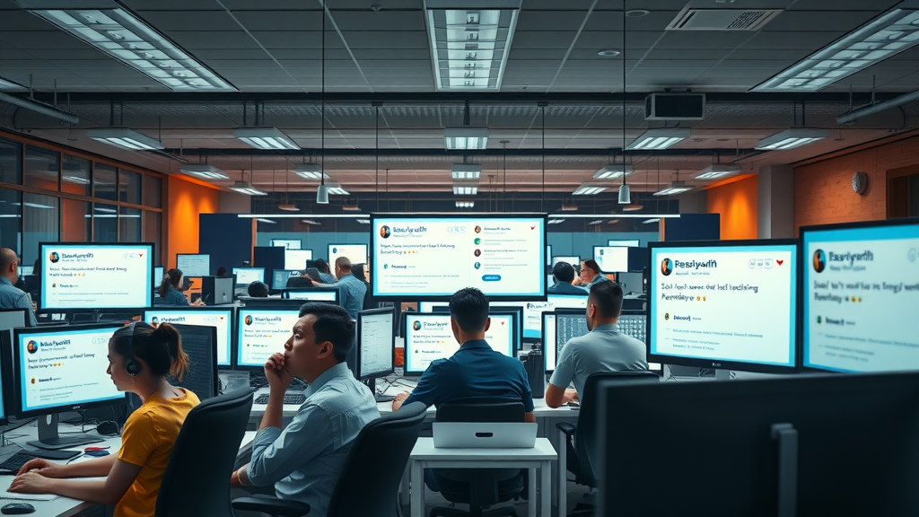 support team managing high volume of online reviews and customer feedback on multiple screens