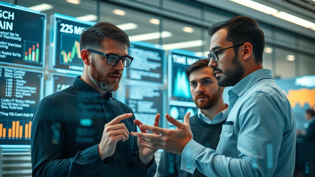 Futuristic developers collaborating on AI development tools in a modern tech office environment