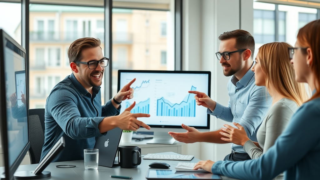 dynamic business meeting marketing managers analyzing retargeting ad performance modern office setting with digital conversion graphs, retargeting strategies