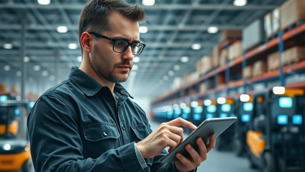 Active logistics professional coordinating high-tech supply chain management for small business with digital screens in modern warehouse