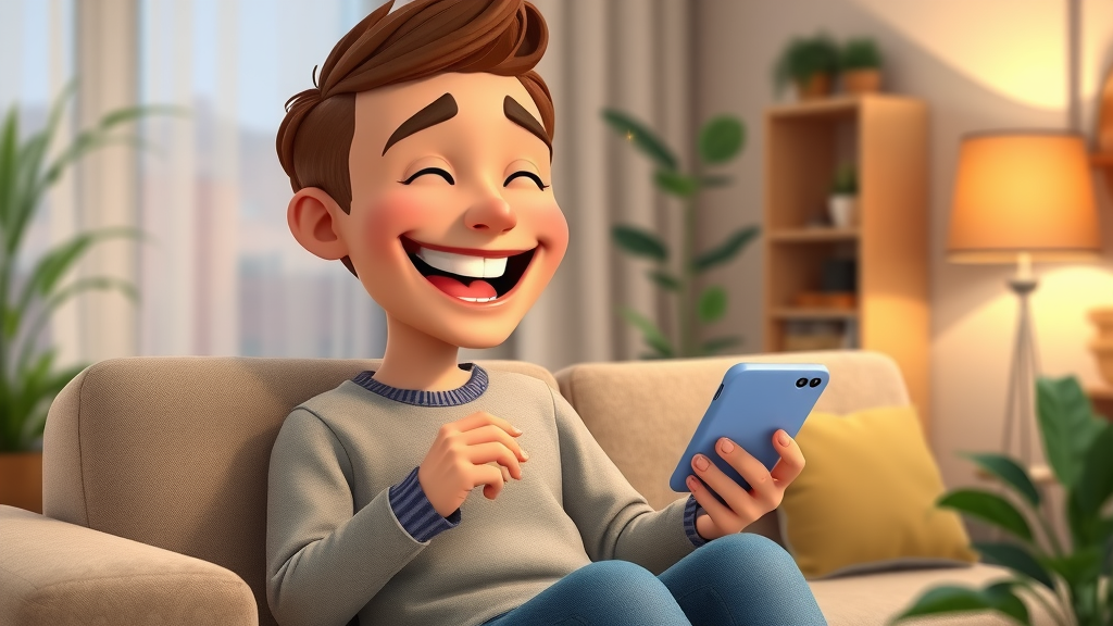 happy customer reading a positive review response on smartphone in cozy living room