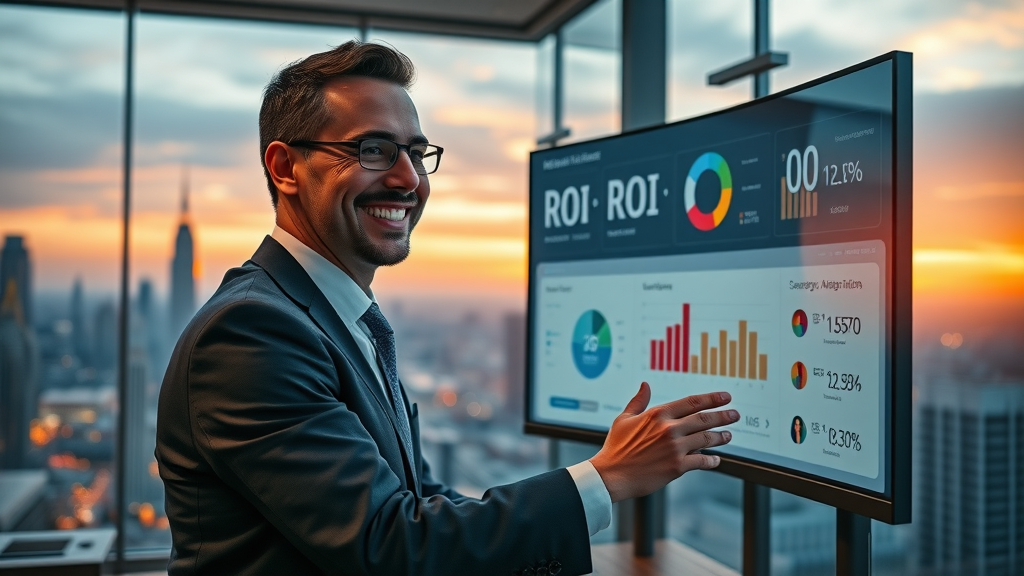 Executive working with interactive ROI dashboard for data-driven marketing