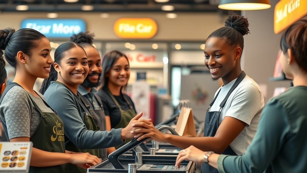 team of diverse employees assisting smiling customer small business reputation management customer service positive brand reputation