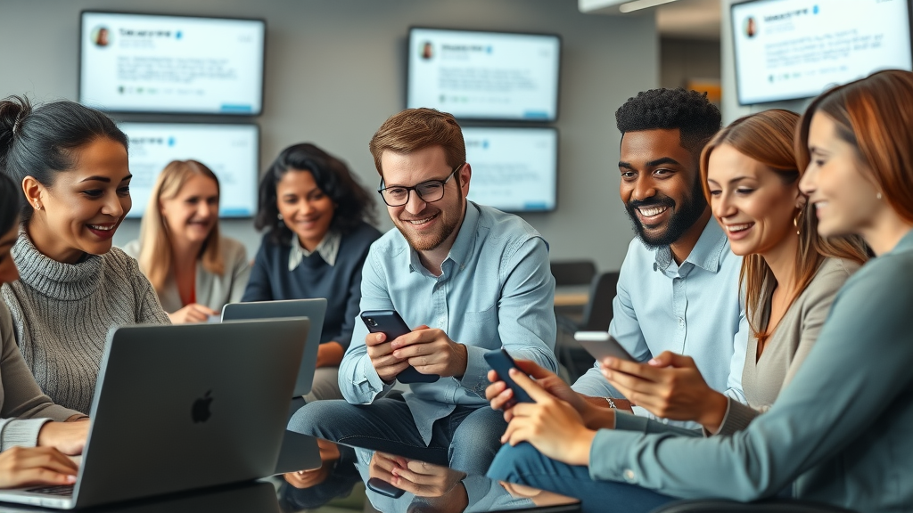 diverse group of customers leaving positive reviews on laptops and smartphones, illustrating powerful social proof in marketing