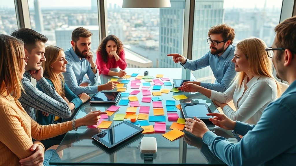 Creative brainstorming session for content ideas around a glass table, digital and colorful