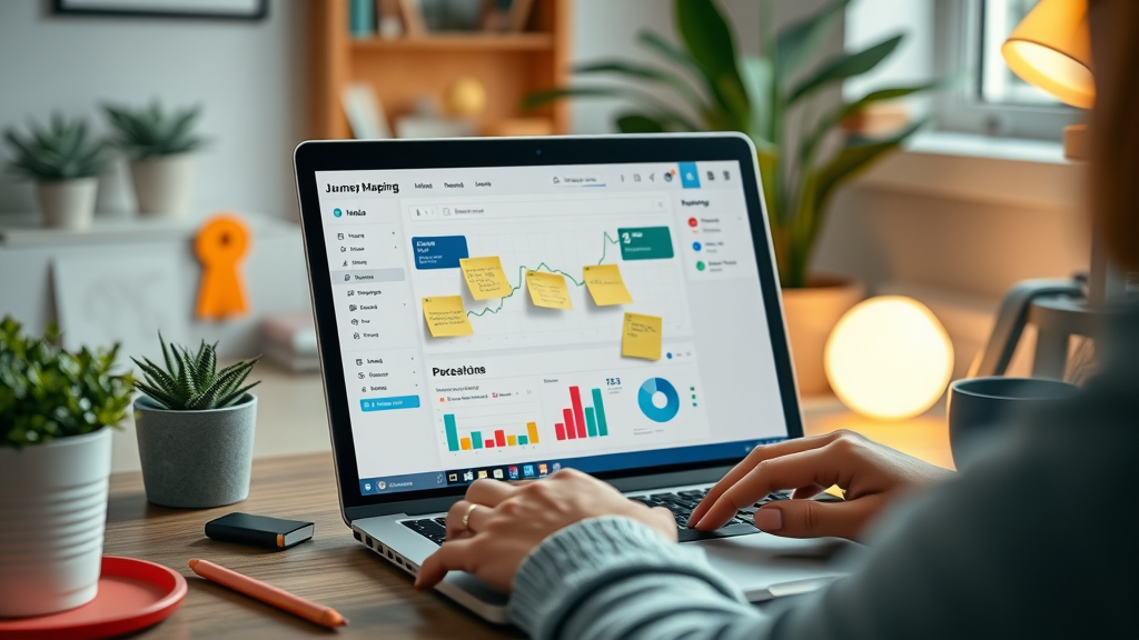 customer journey mapping dashboard tool displayed on a laptop in a cozy, modern workspace with interactive elements and sticky notes