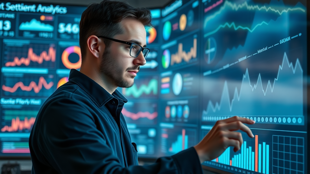 Marketer analyzing sentiment analytics on dashboard, reputation monitoring tools and brand monitoring performance metrics.
