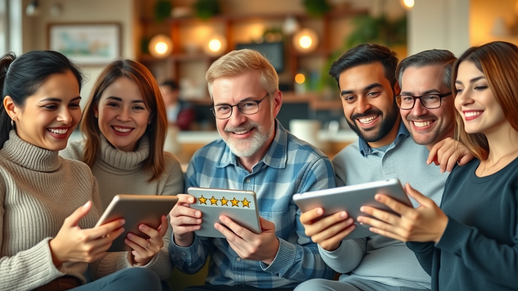 customer trust building positive reviews, satisfied customers using tablets to leave five-star feedback
