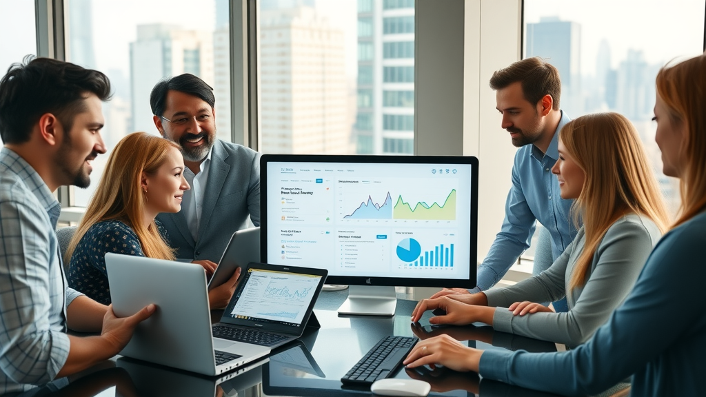 dynamic marketing team gathered around a digital marketing dashboard, cross-channel marketing strategy, modern office