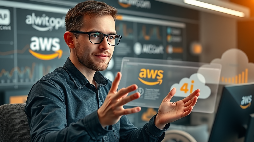 Professional developer uses AI coding assistant within AWS cloud dashboard featuring branding motifs