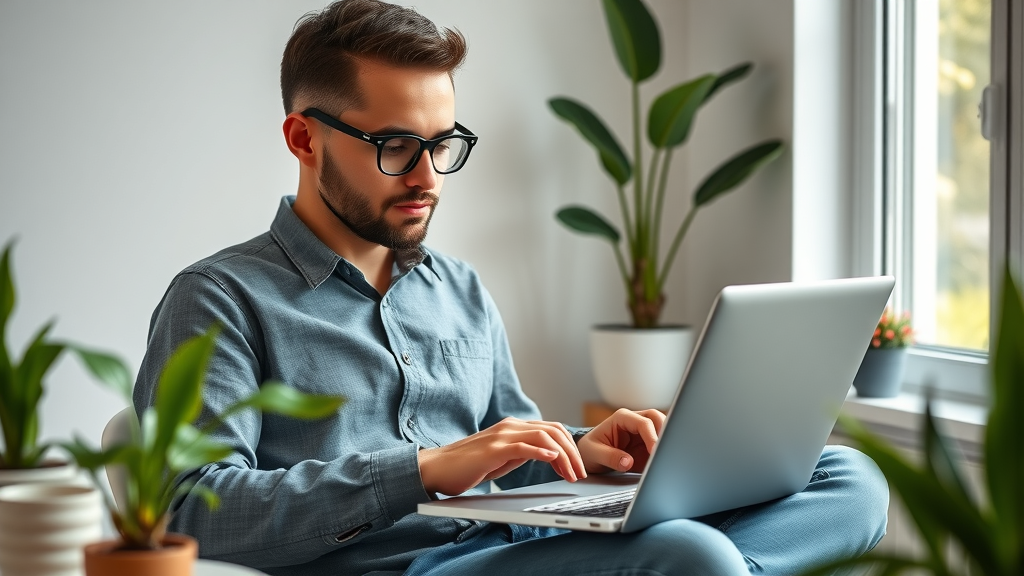 Minimalist home office setup with user reviewing Google Alerts notifications for brand mentions, online reputation monitoring software.