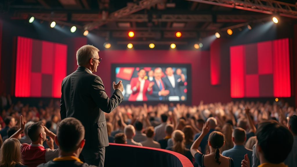 industry expert content creator inspiring audience during motivational keynote on the power of content creation