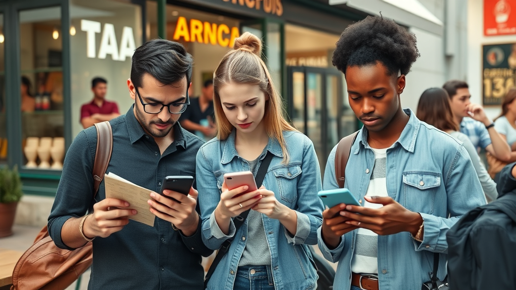 Diverse consumers reading online business reviews on smartphones, reflecting the importance of online reputation management for small business