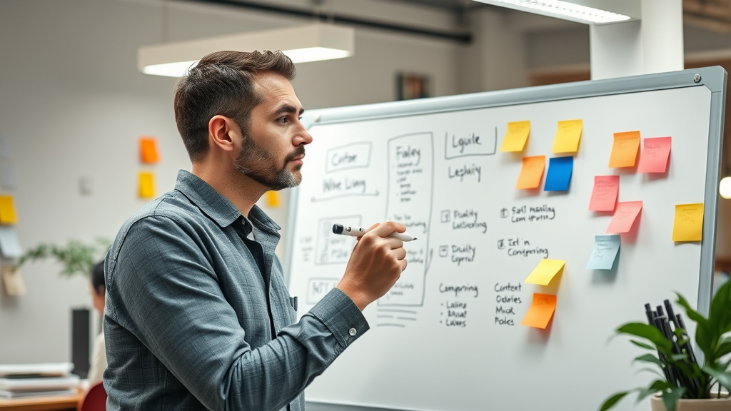 Organized creative workspace with whiteboard brainstorming, content creation process in motion
