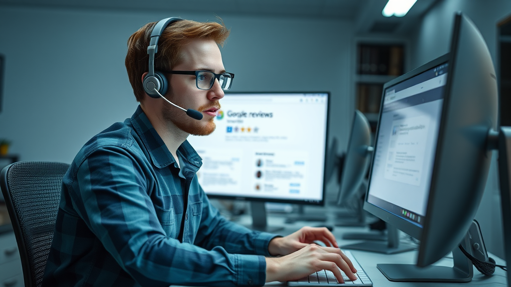 engaged support agent responding to Google reviews, review response techniques for platforms, organized workspace