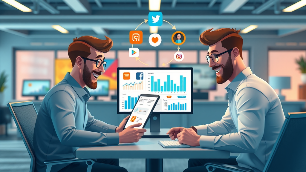 Marketers using cross-platform analytics tools in a collaborative digital workspace