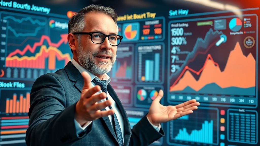 sales leader connecting customer journey mapping to sales results, journey map and sales funnel alignment, digital board with sales metrics