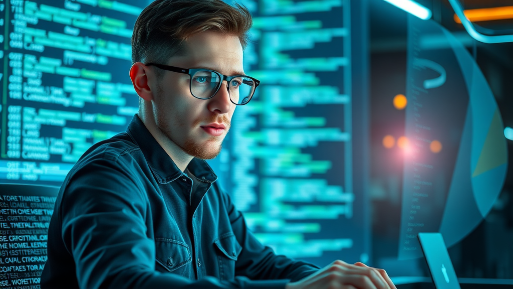 Innovative programmer uses AI code generator for open source projects in a futuristic workspace