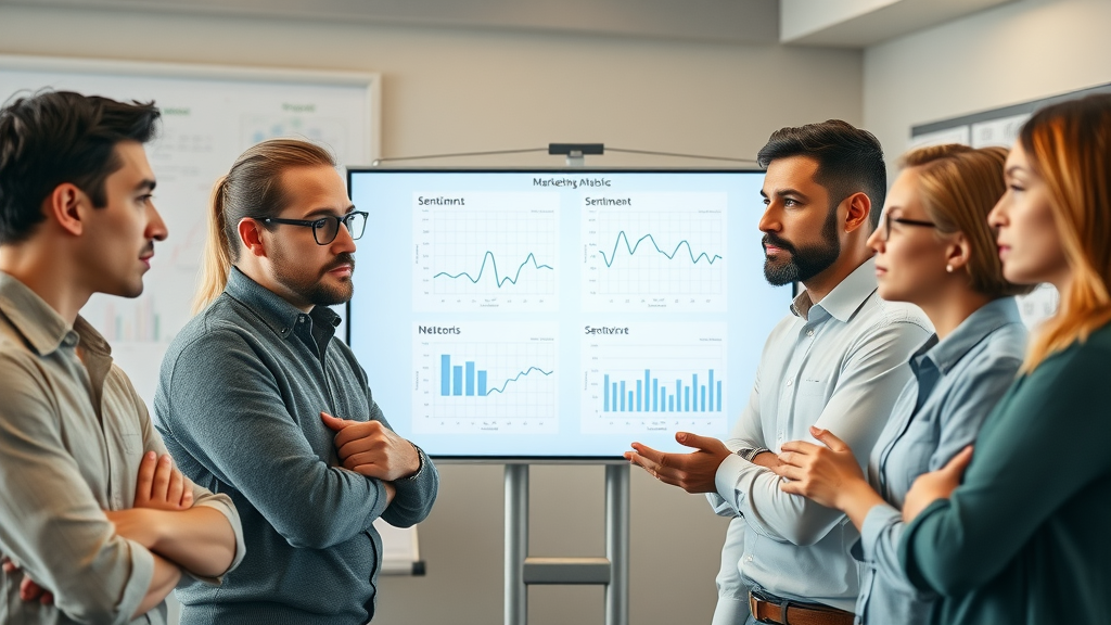 team analyzing positive and negative sentiment monitor graphs in real-time
