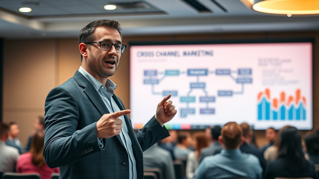 marketing expert presenting cross-channel marketing flowchart to an engaged audience, channel marketing