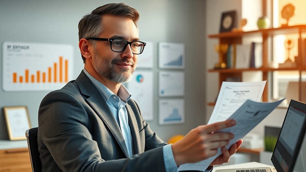 brand manager confidently reviewing positive online brand reputation metrics